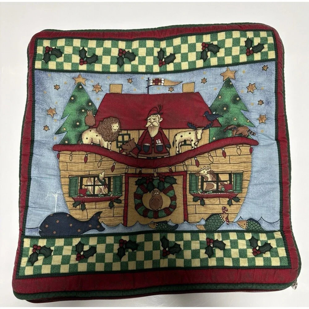 Christmas Santa /Noah’s Ark With Animals Quilted  Throw Pillow Cover Only